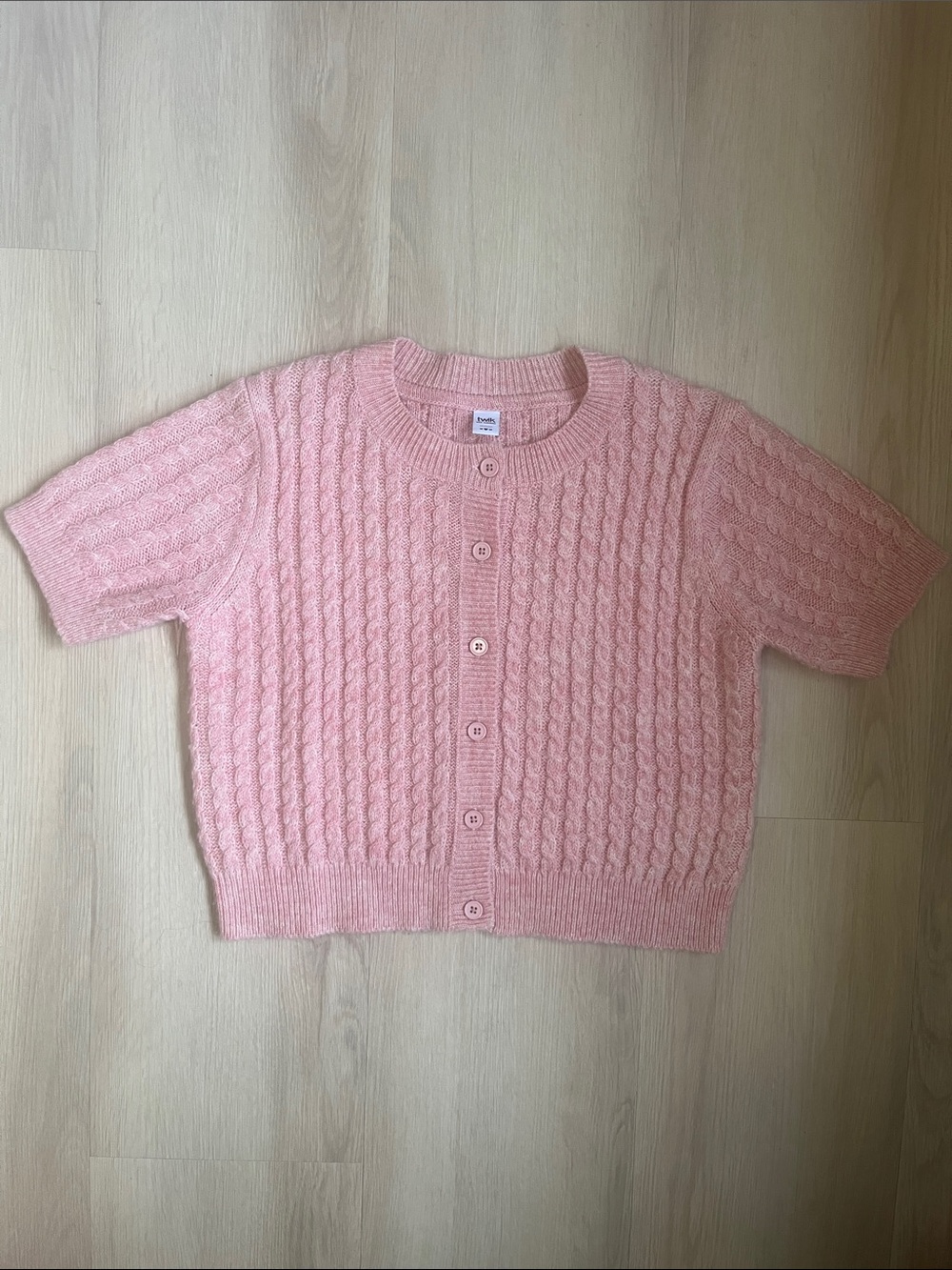 Twik Par Simon’s Light Pink Cable Knit Short Sleeve Cardigan Wool Blend Medium
